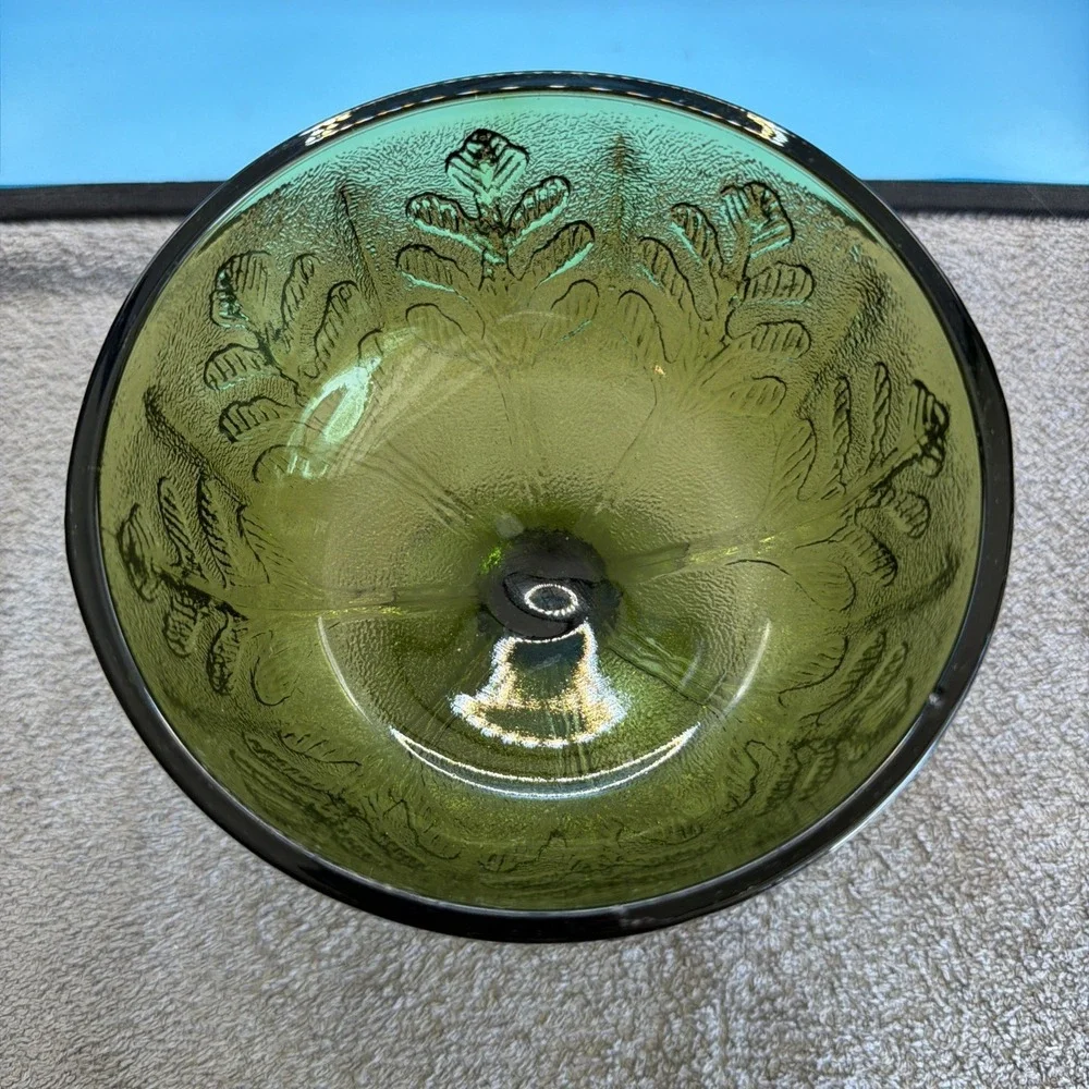 Vtg 1978 Olive Avocado Green Pressed Glass Oak Leaf Design Pedestal Vase Dish